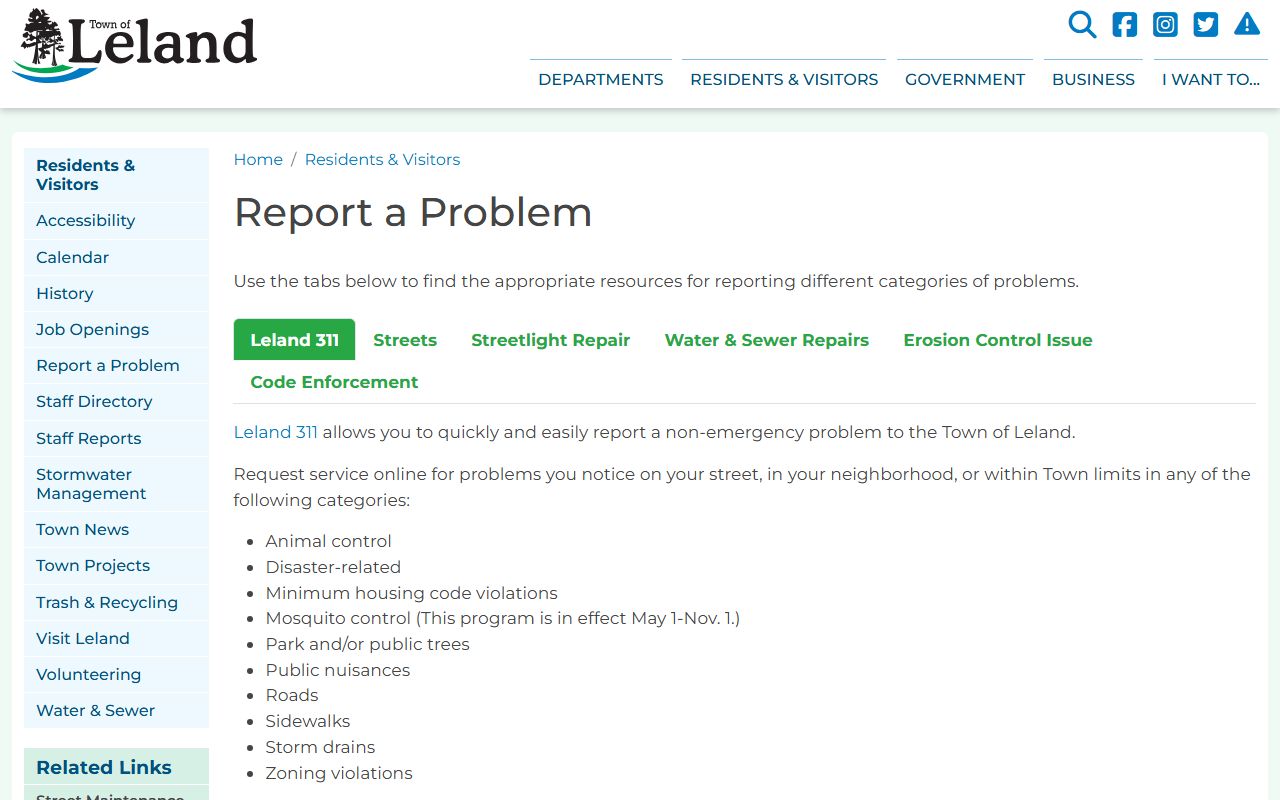 Leland phone directory 311 service request categories