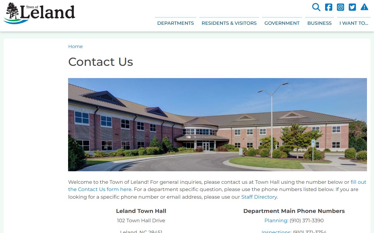 Leland phone directory Town Hall contact page