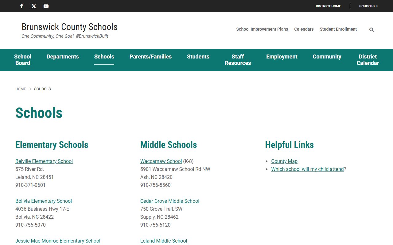 Brunswick County Schools list of school office phone numbers