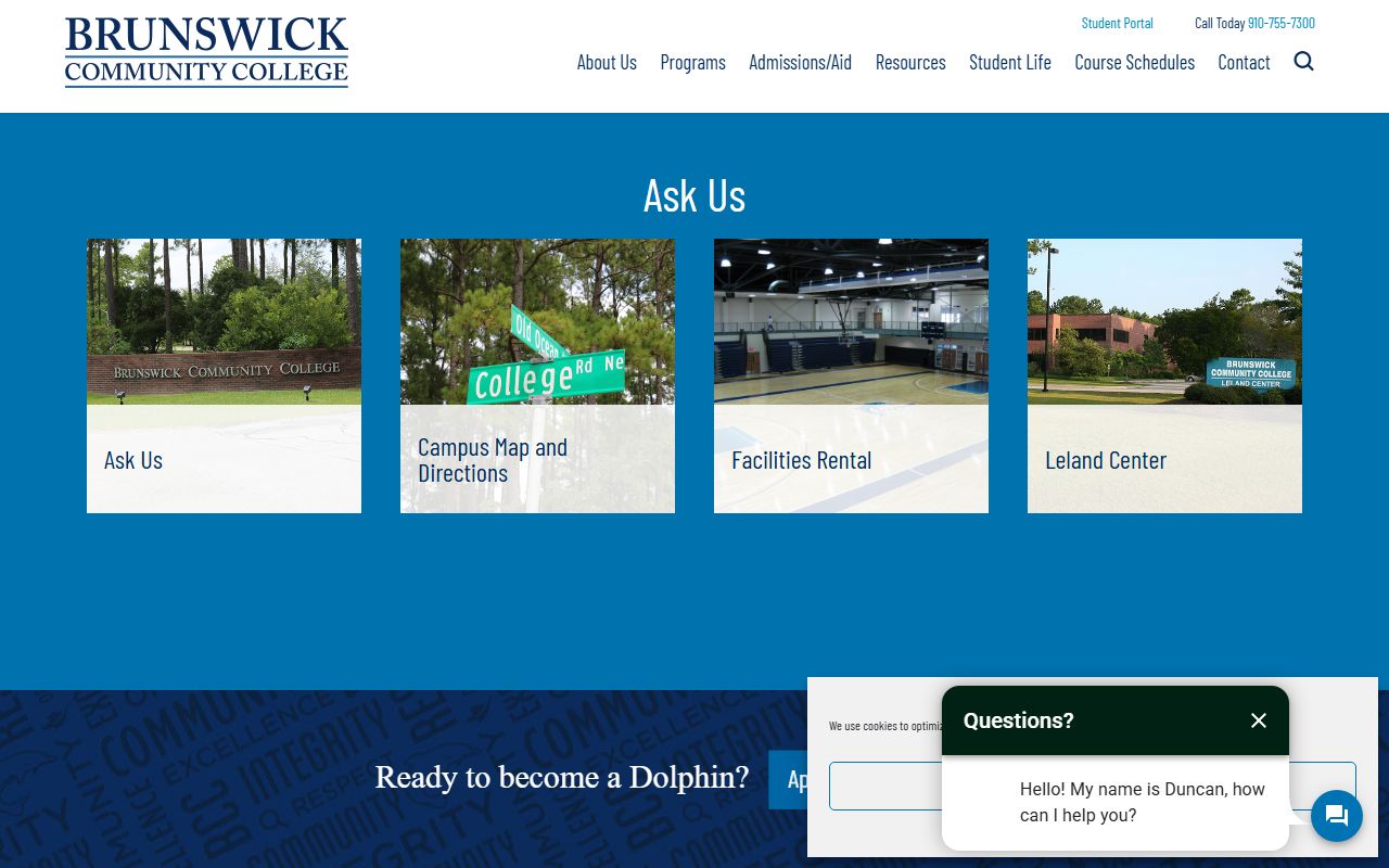 Brunswick Community College contact page listing the Leland Center phone number
