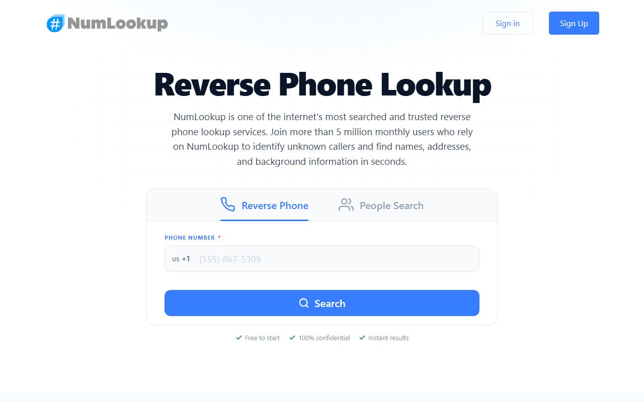 NumLookup reverse phone lookup search box labeled as third-party