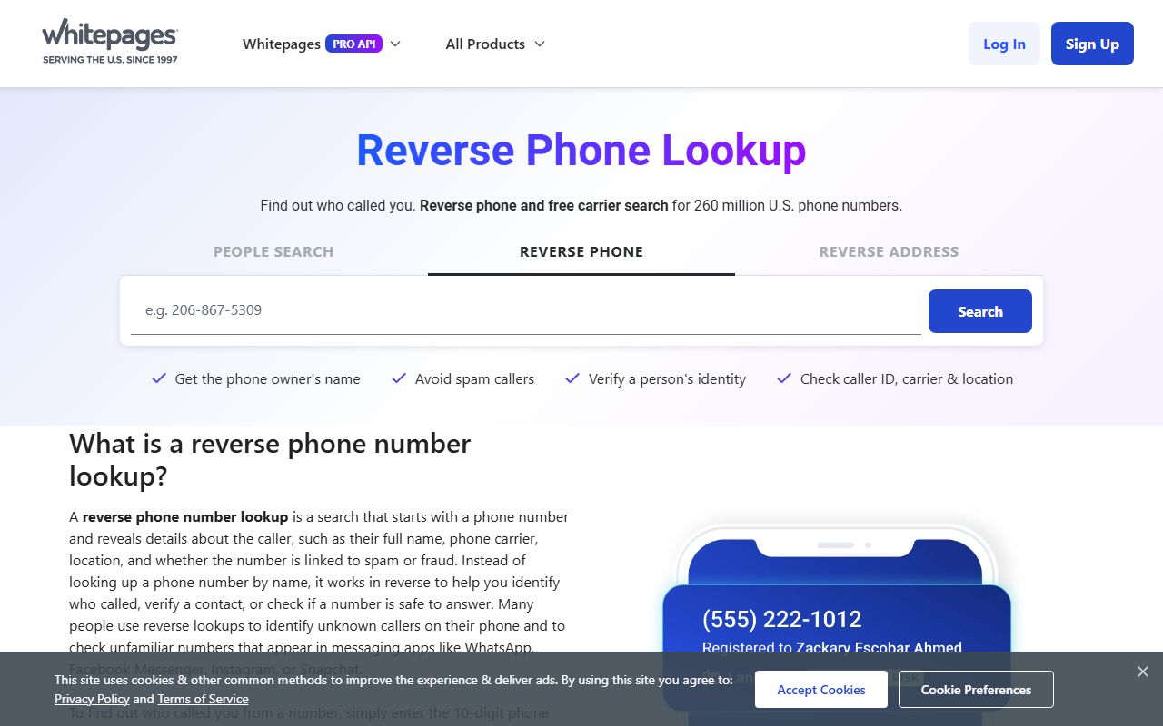 Whitepages reverse phone lookup interface labeled as third-party